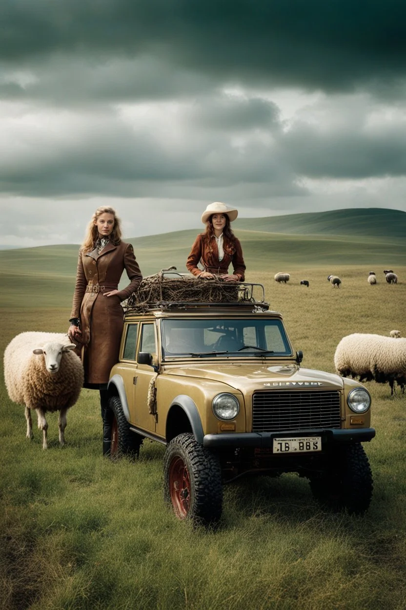 big (AUTOFARM) title at top ,landrover sheep, steampunk man, working in field, 80s advertisment with beautiful women