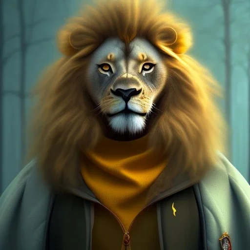 Portrait of cute lion, harry potter style,Fantasy art, yellow clothes, octane render