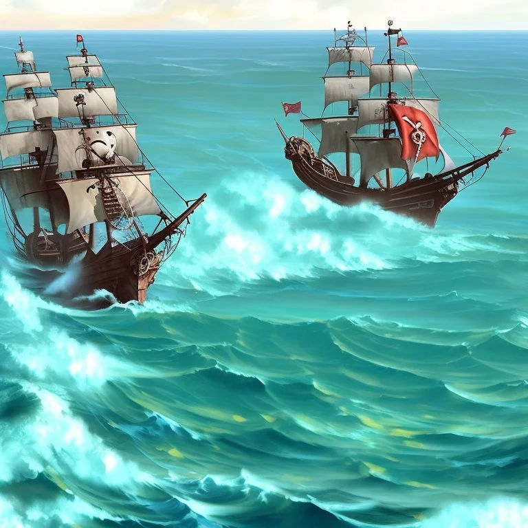 Two pirate ships fight each other at sea. Firing cannons.