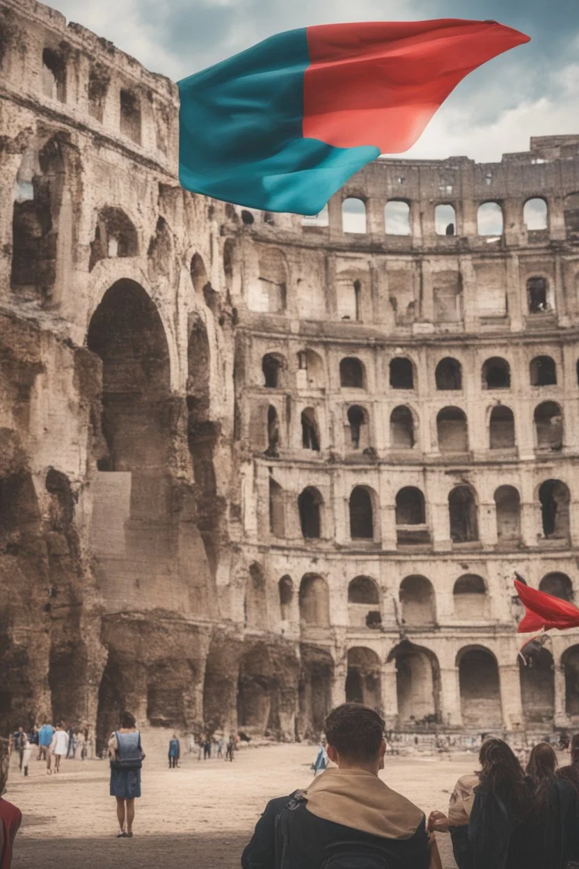 Imparare l'italiano. Gli studenti imparano la lingua, mentre dietro sullo sfondo l'alfabeto italiano. Il Colosseo e la bandiera italiana.