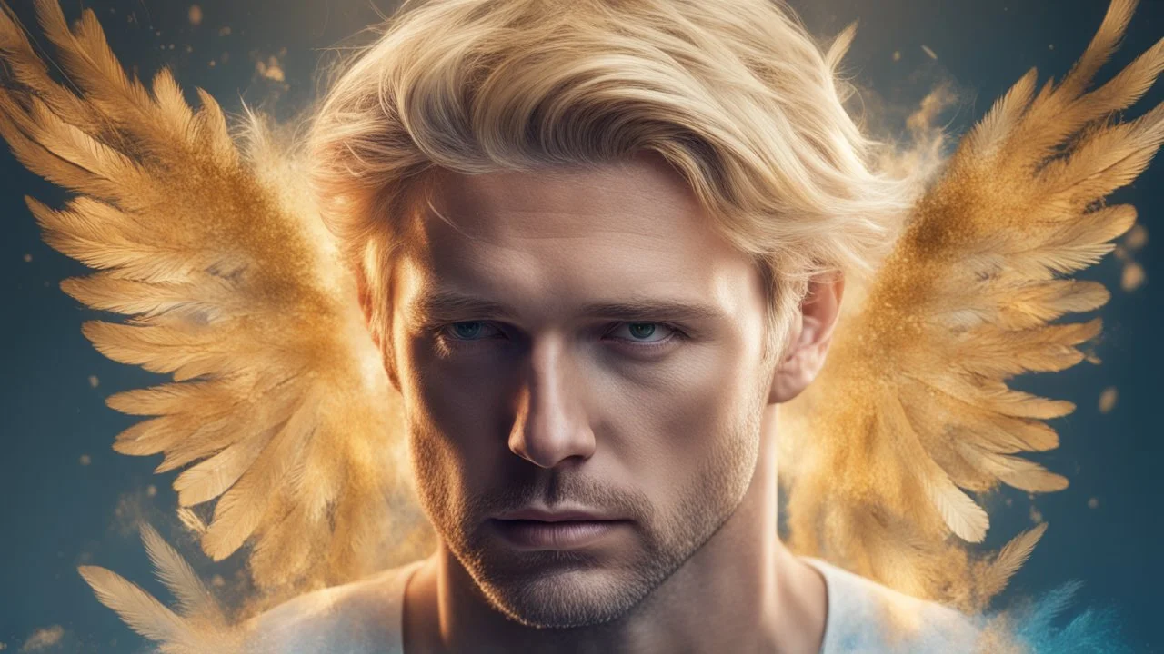 blond man, 35 years old, sad angel, fine rendering, high detail, 8K, bright colors, HD photography, gold, flying feathers, double exposure