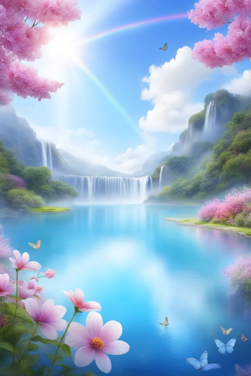 fantastic,Beautiful garden, flowers,rainbows, cascades arc en ciel, papillons colorés
