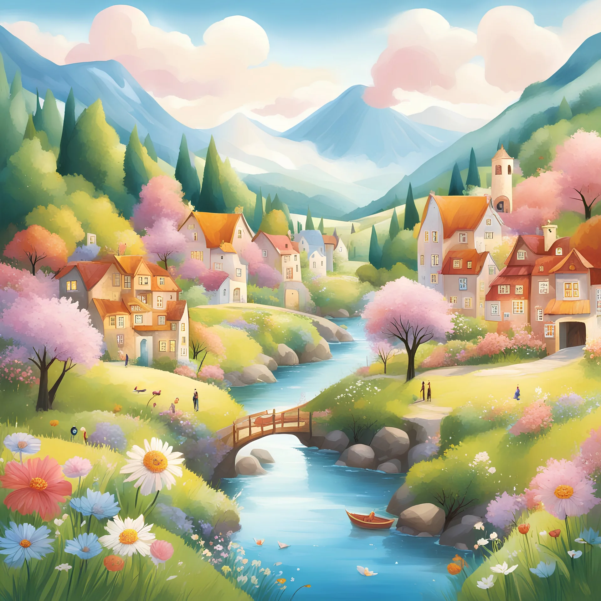 Children's illustration create an enchanting scene of a special town nestled between hills and streams, show full body diverse only animals of different colours and sizes live harmoniously no people or children. Illustrate the lively atmosphere with animals engaged in playful activities and exploration. Capture the sweetness of blooming flowers and the gentle swaying of trees in the wind, evoking a magical and inviting ambiance.