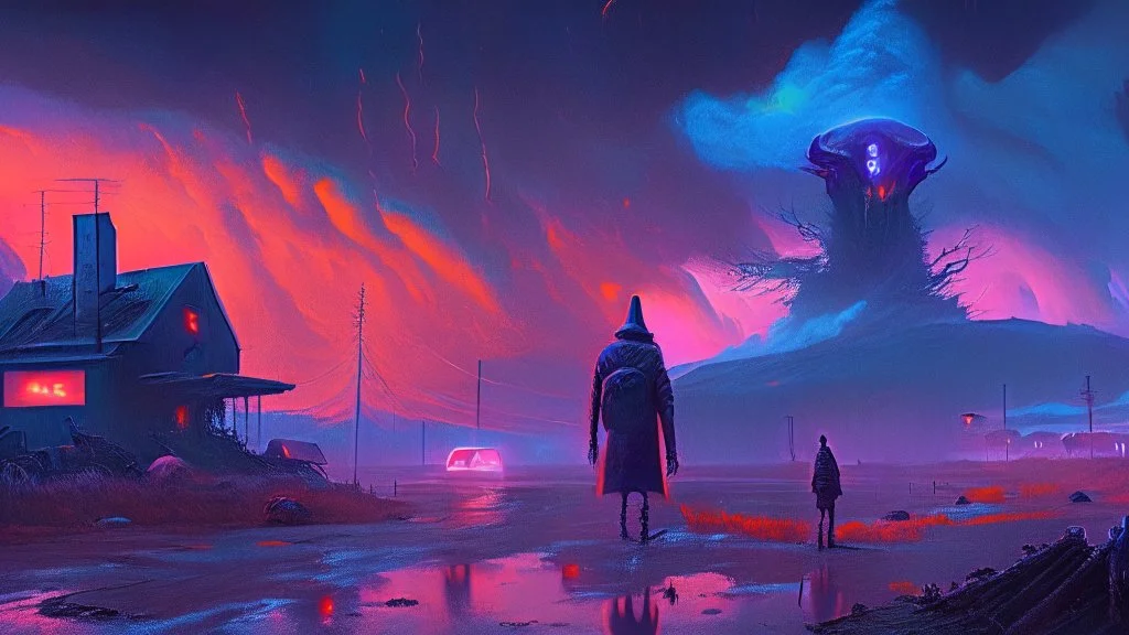 Mysteries of the Forgotten Town, Surreal Science fiction painting, Simon stålenhag, Goro Fujita Nicolas Bruno, Peter Sallesen, Hamish Frater, ominous sky, cyberpunk impressionism meets dark gothic surrealism, gritty horror storytelling art, foreboding, dark neon palette, superb and riveting composition, impeccable symmetry, dark gothic art, neon horror story, analog CRT overlay, post-future survivalism, sci-fi narrative storytelling by Issac Asimov and Frank Herbert