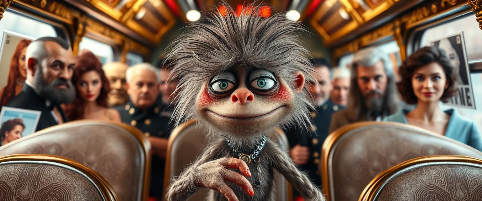 fascist dynasty soap opera, entire cast, movie poster, with posters in it, close up portrait of hairy fluffy polymer clay cute female happy worried monster with realistic human colored and textured skin, and long sleek limbs and with studio lights, on a luxury ornate neon buss, talking to his aunt