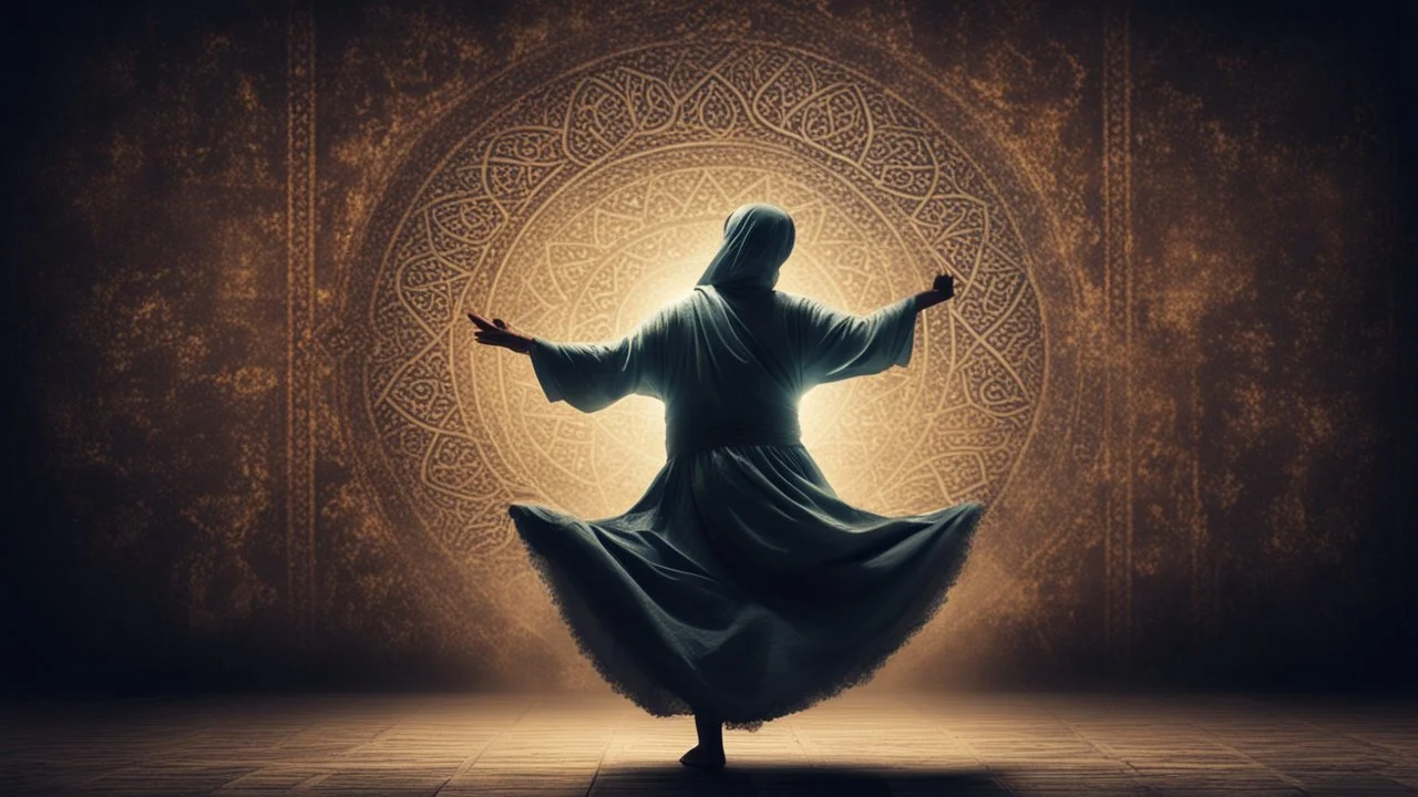 The Mystical Sufi Dance with dark grungy rustic background at night & Glowing-Islamic-Pattern