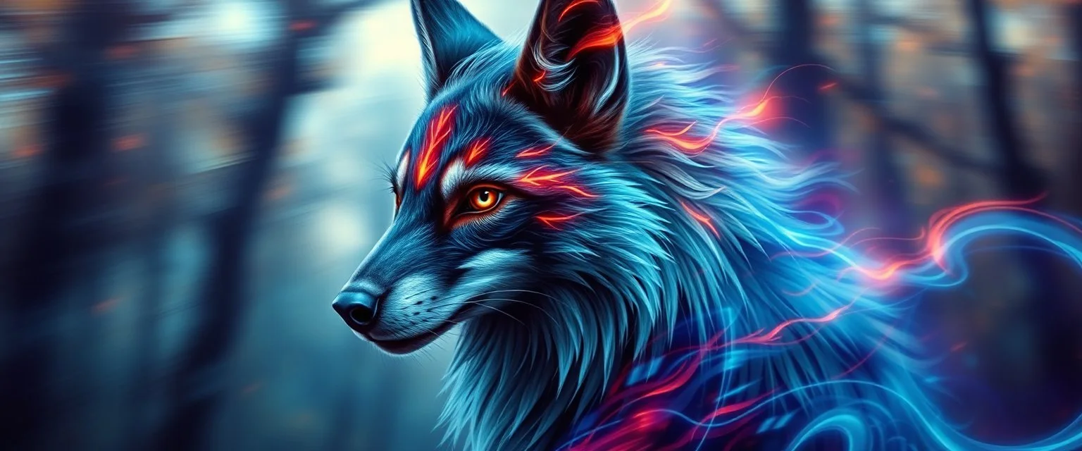 background as motion blurred forest, blink wolf close up portrait of a plasma racoon fox horse king lama shape shifter flickers like hypnotic fire in geometric shapes like a dna swirl of time and a fearsome planeswalker covered in powerful runes