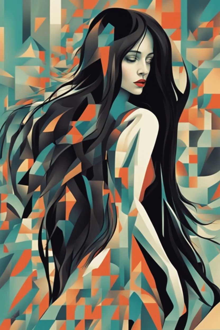 Neo Surrealism, whimsical art, Analytical Cubism Illustration Design a perfect pretty girl, black long hair, Split-Complementary color guide, Plasma Energy Texture, abstract background, girl, Pose with movement, often for geometric deconstruction, monochromatic palette, or fragmented forms.