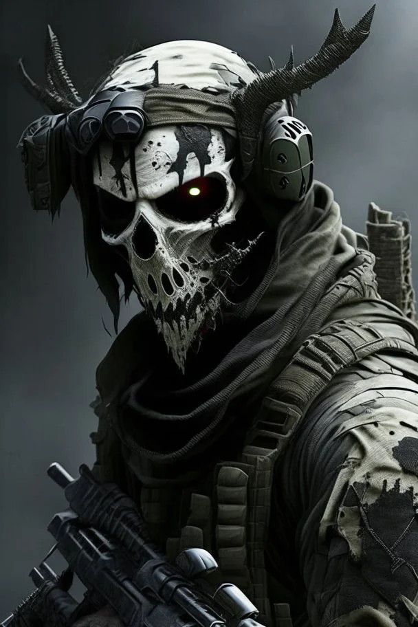 A soldier in the game modern warfare, he wears a skull mask with horns that covers his eyes. The lower half of his face is covered by a mask with a bloody fanged grin. He is a sniper, but can also run point. His call sign is Wraith. Couple