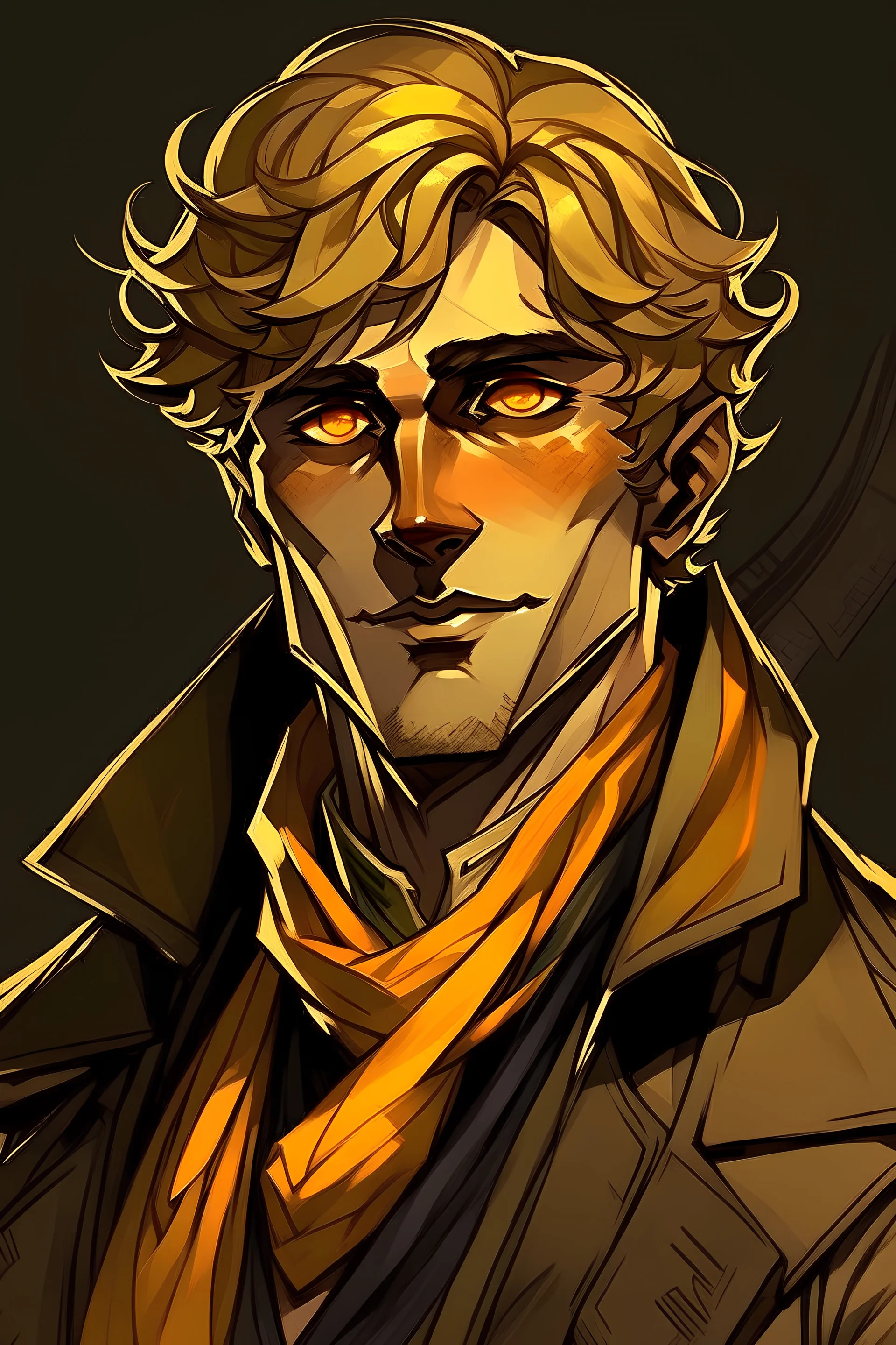 Dnd, rpg, human, male, late 20s, golden hair, short hair, wavy hair, victorian, theif, dark orange scarf, brown vest, black wool blazer, bright blue eyes, facial stubble, content, tapered jaw