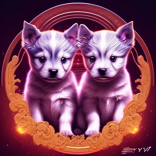 3d cute puppies, beautiful rich, detailed yin and yang symbol, shiny, intricate, gorgeous, ultrafine detail, hyperrealism, trending , sharp focus, intricate details, highly detailed, glowing, glitter, complementary colours