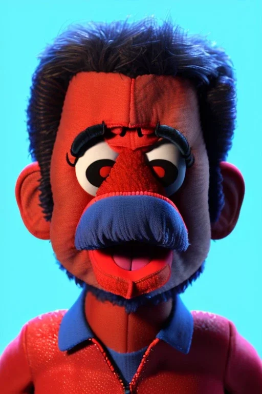 Waist up muppet Portrait, Nicolas maduro us muppet doll, Venezuelan president, tracksuit red blue and yellow, mustache, photo studio, red background, unreal engine 5, concept art, art station, ray tracing, lumen lighting, ultra detail, volumetric lighting, 3d.