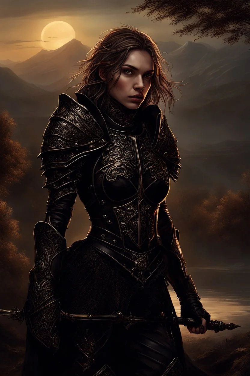 A formidable warrior girl in black armor, on the background Amazing gloomy landscape, flooded with sunset, mountains, trees, fabulous scary hero, , juicy emotions, painting, dark fantasy, gloomy day, dark world, portrait, Gothic Town At Night, Fantasy, Intricate Details, Castle Courtyard Gardens, Hyper Detailed