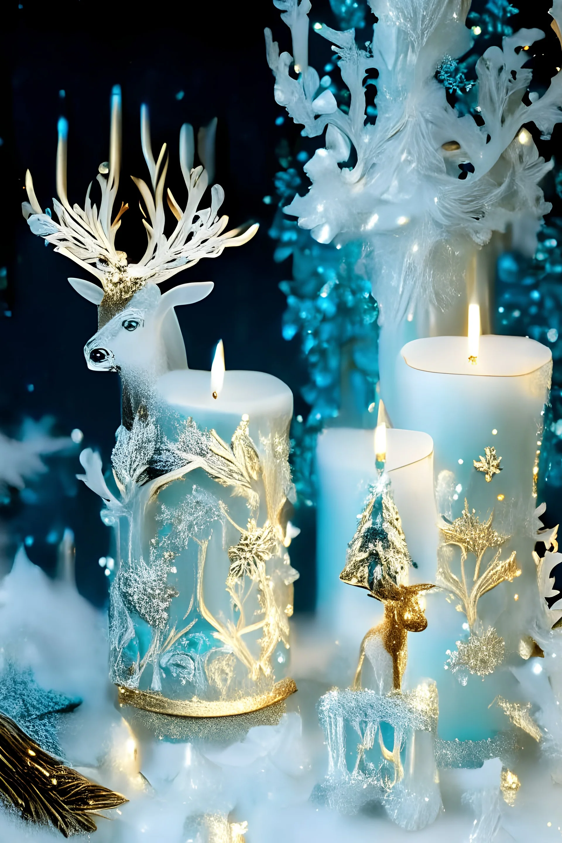 Beautiful crystal. Irridescent rcoco christmas sowman and deers shape candles and candle light in the snow, with snow covered christmas rococo floral green tree background, adorned with metallic goled filigree embossed floral. Ornaments Golden and white deer colour gradient ad white, candles ribbed with opal and ice blue zafír and black obsidian mineral stones and lorganic bio sina ribbed detail od bokeh christmas lights and snowy christmas tree and snow an rcoco floral aLe background extremely