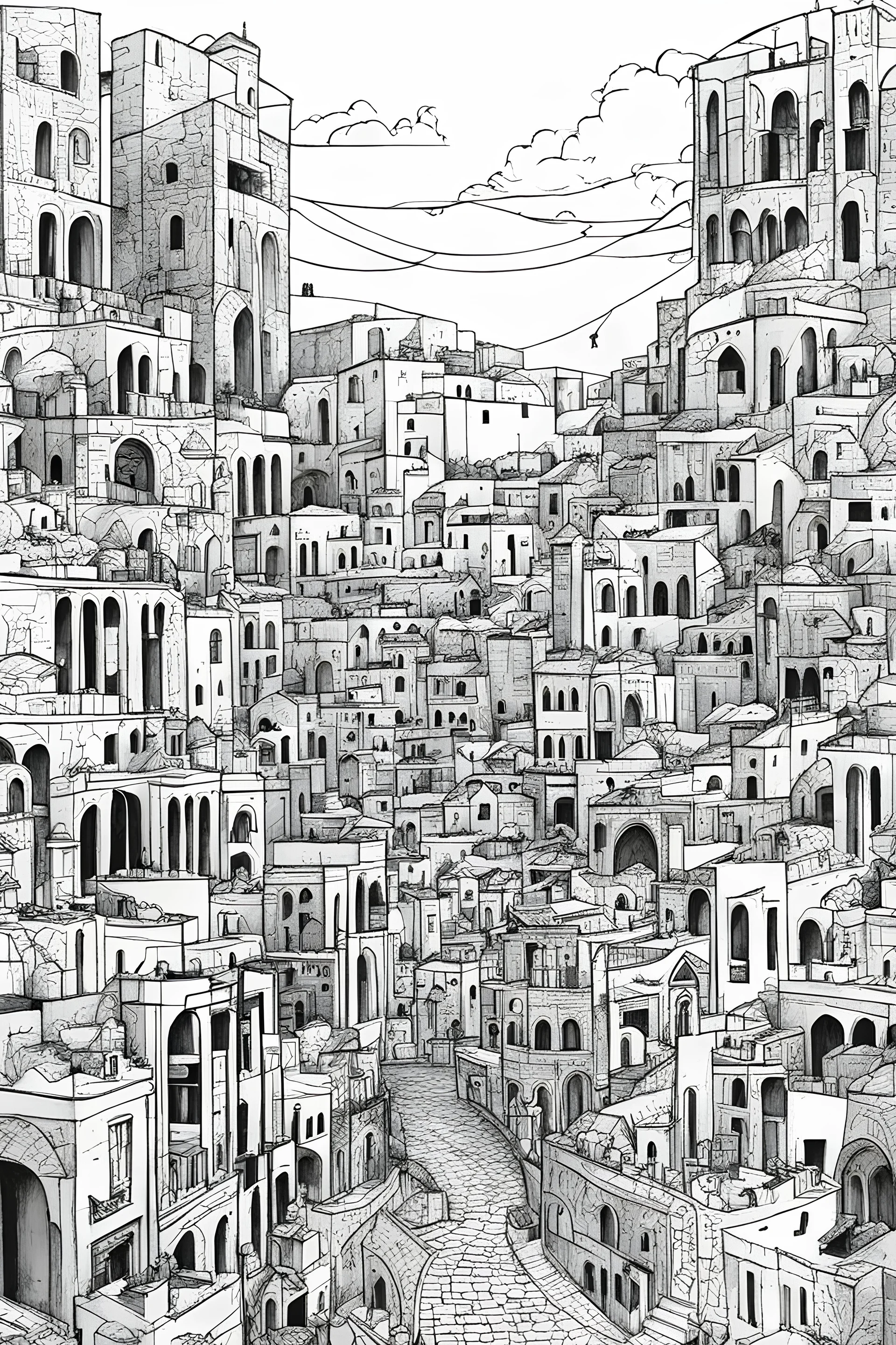 An abstract and expressive interpretation of a palestinian city features for coloring book
