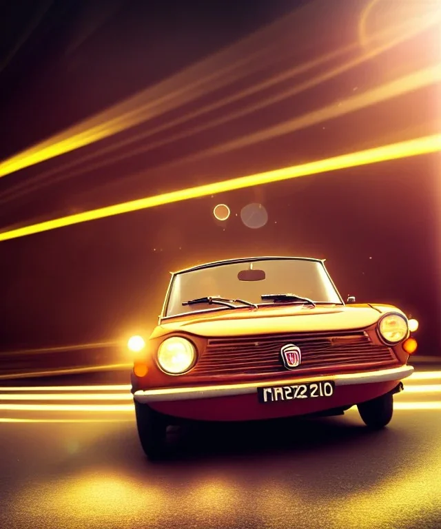 fiat 125p, city. high speed. bokeh. lens flare. warm lights. high detailed. oil on canvas