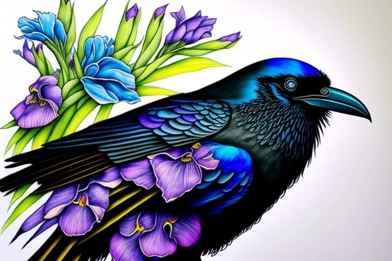 Crow, wearing a cat custome, perfect iris, ink and pencil, pastel colours, style Elizabeth Kreitz