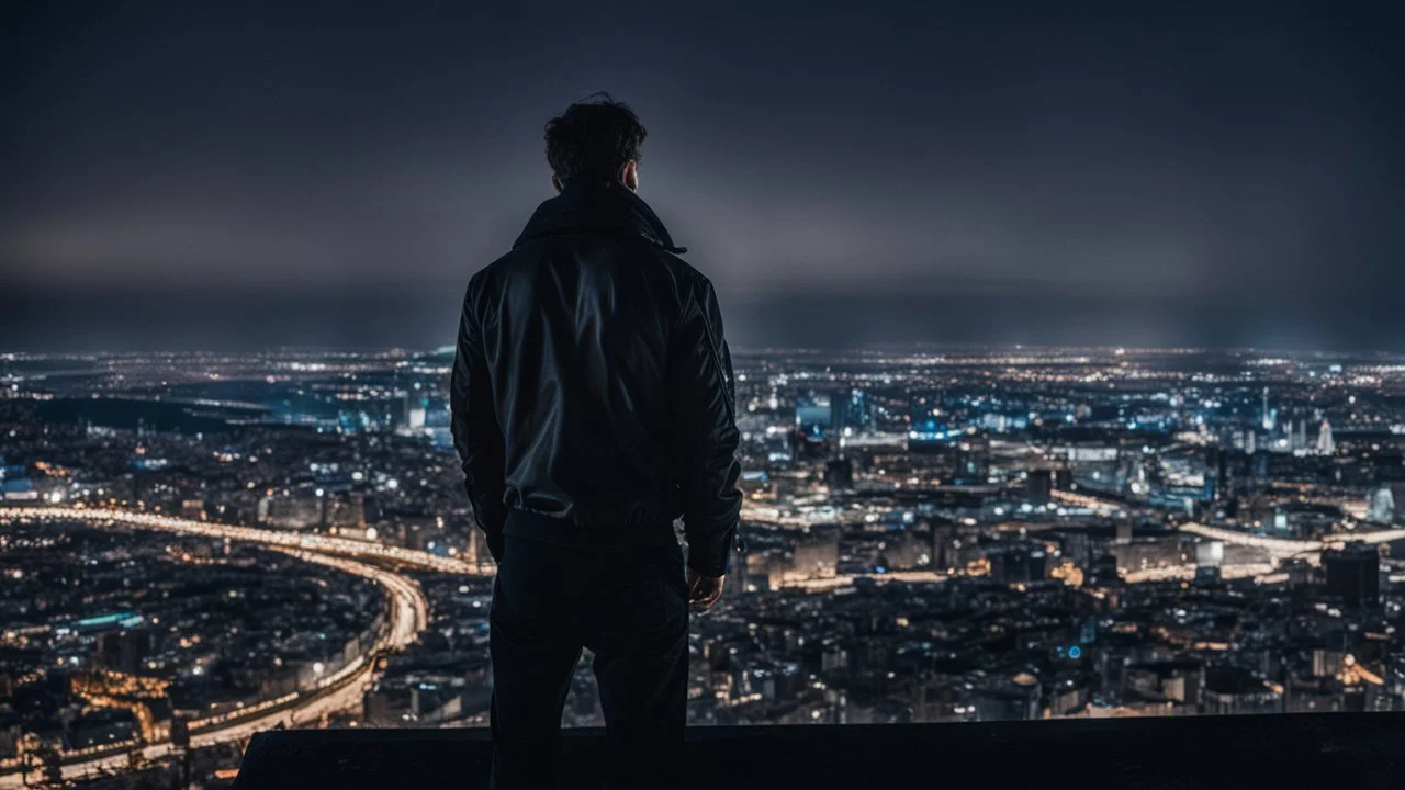 An Englishman in a bomber jacket standing at the top of a tall building looking across a city at night