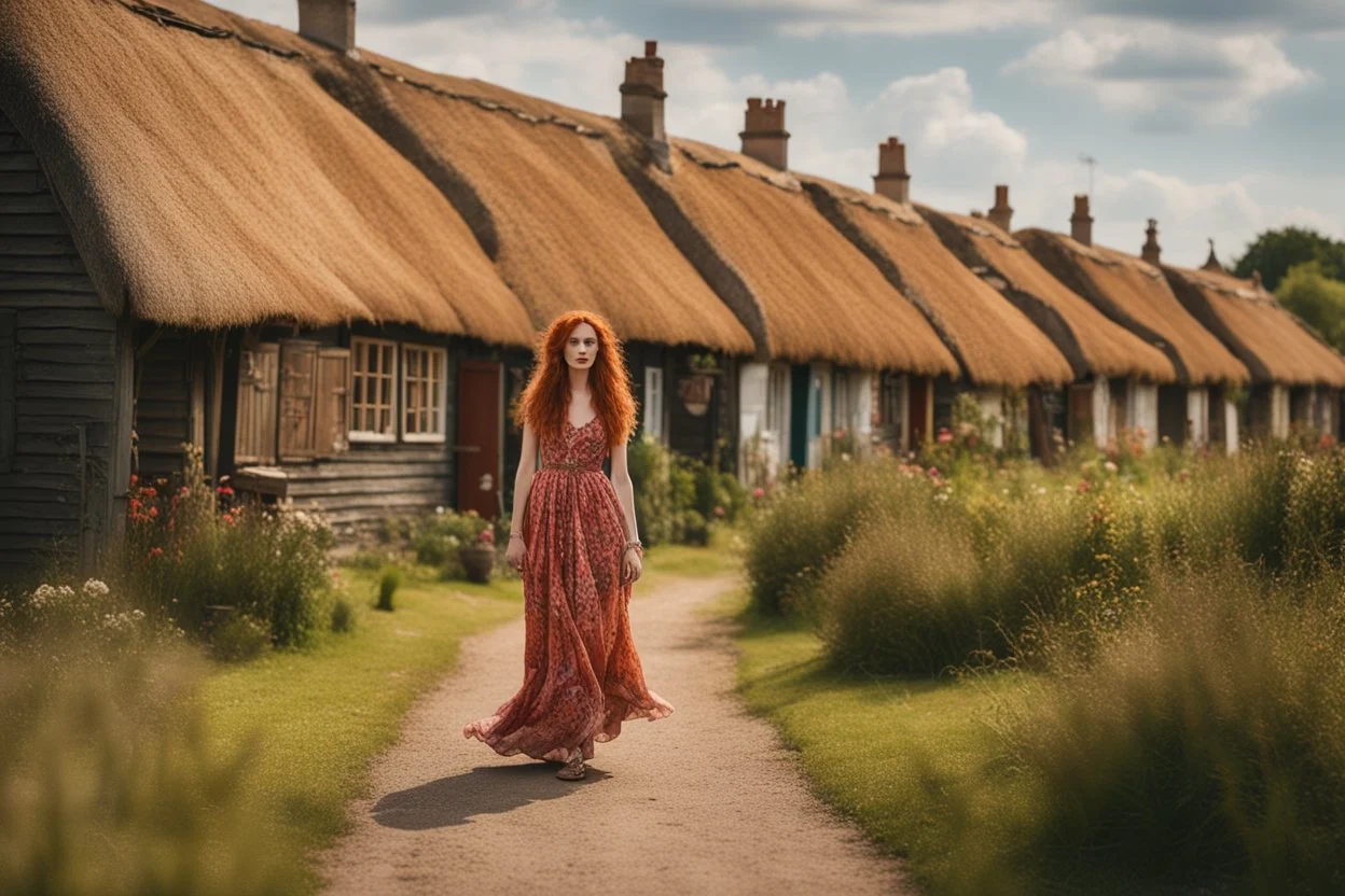 Full body shot of a tall slim pretty, red-headed young woman, dressed in a long flowing colourful dress, standing in front of a row of cottages and shops with thatched roofs, casting runes in the air