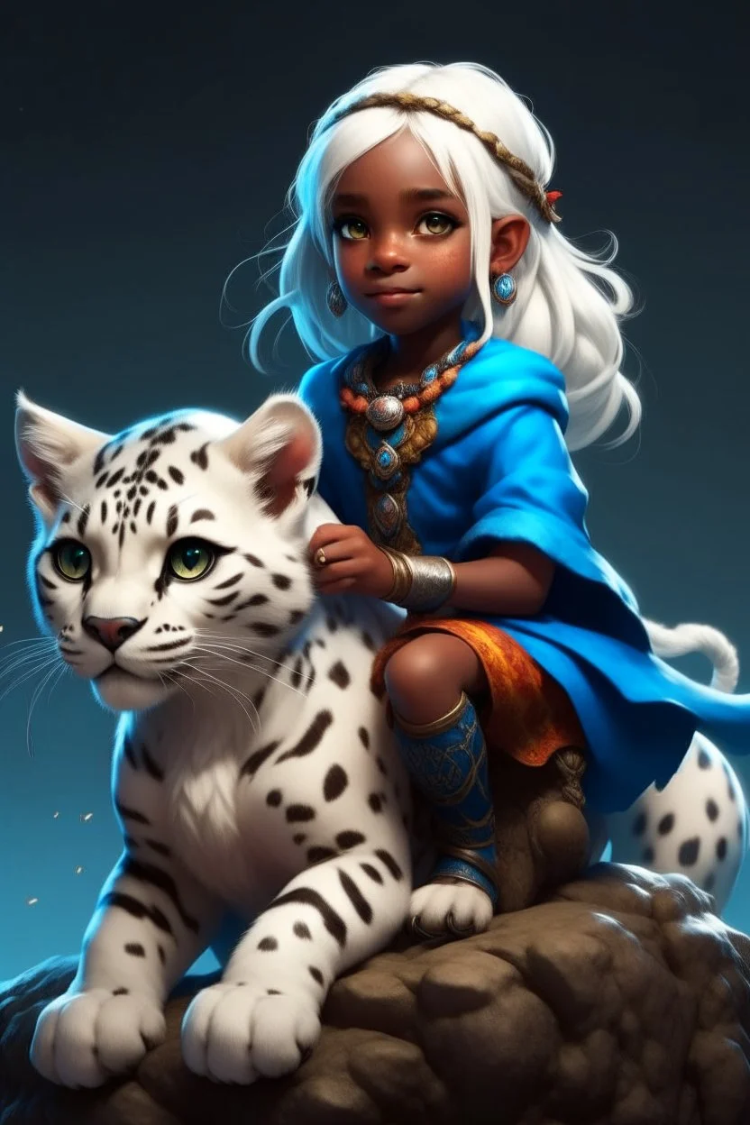 a cute eight-year-old female sorceress, black skin, with straight snow white hair tied in a braid, blue eyes, riding on the back of a giant furry leopard cat