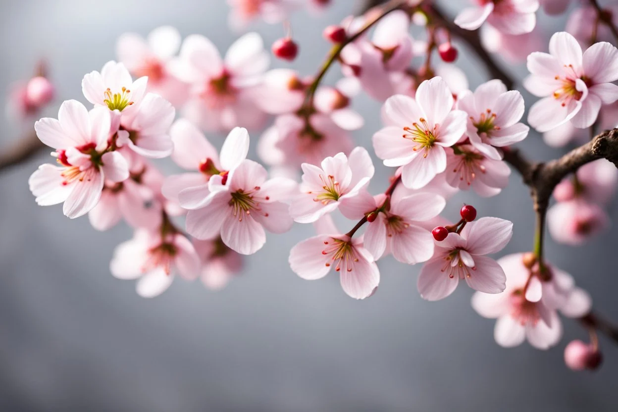 fantastic light pin gray background with four bunches of cherry blossoms on blurred background