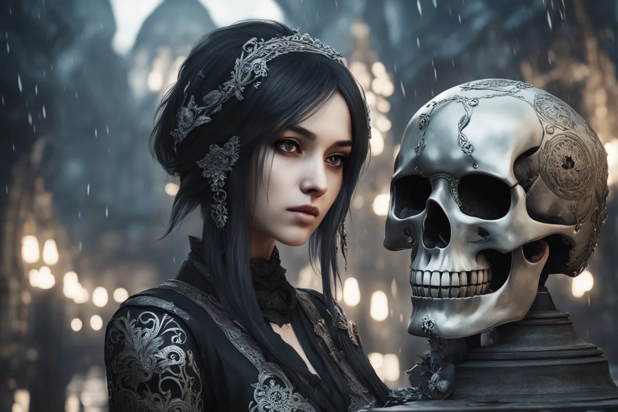 Beautiful girl with skull in her face in 8k nier automata artstyle, anime them, hollow knight Custom, close picture, rain, fantasy world, intricate details, highly detailed, high details, detailed portrait, masterpiece,ultra detailed, ultra quality