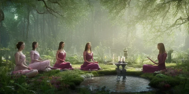 group of beautiful ladies in colourful dresses meditating in an enchanted forest with a spring like chalice well at night, candles in the trees