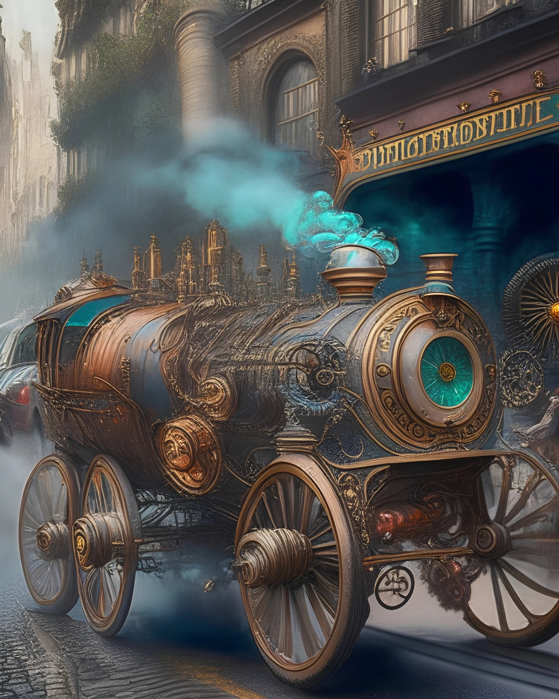 an ultra detailed photograph of many different types of steampunk cars in a steampunk street, with steam-powered contraptions in the street, by John Constable, Rachel Ruysch, generative art, intricate patterns, colorful, photorealistic