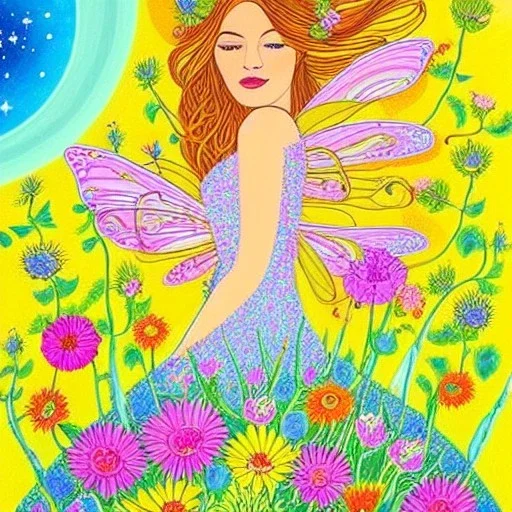 very beautiful portrait, bright fairy, , flowery landscape, cosmic atmosphere, perfect composition, 8k, super detailed, delicate flowers, complementary colours, intricate details