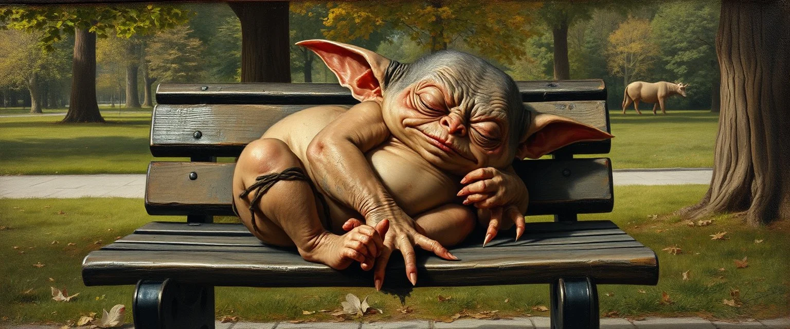 master oil painting by Rembrandt, fat gremlin sleeping on a bench in the park