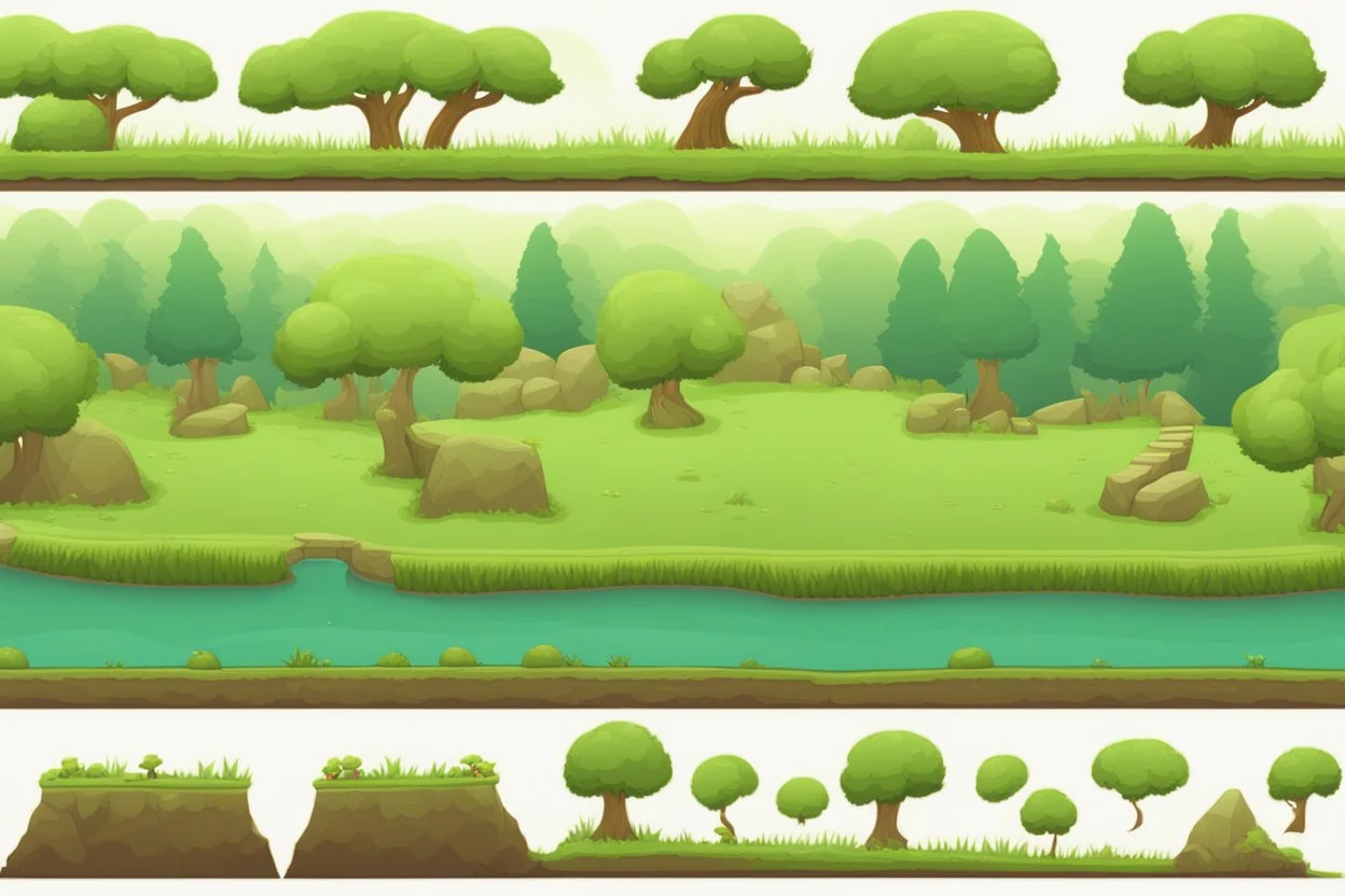 panorama of the level landscape for 2d platformer with grass, ground, trees etc