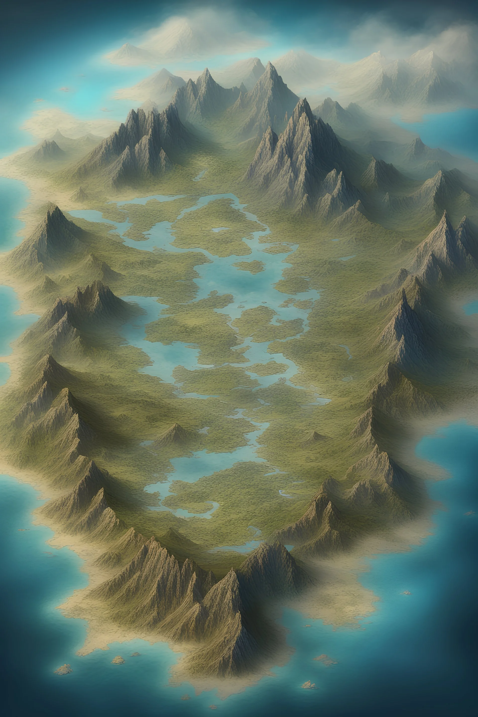 A fantasy map of a world with [keyword], [atmosphere], color scheme made of [color], rpg world map, game world, aerial view, high detail, split toning, naturalistic proportions --s 100 --v 5.2