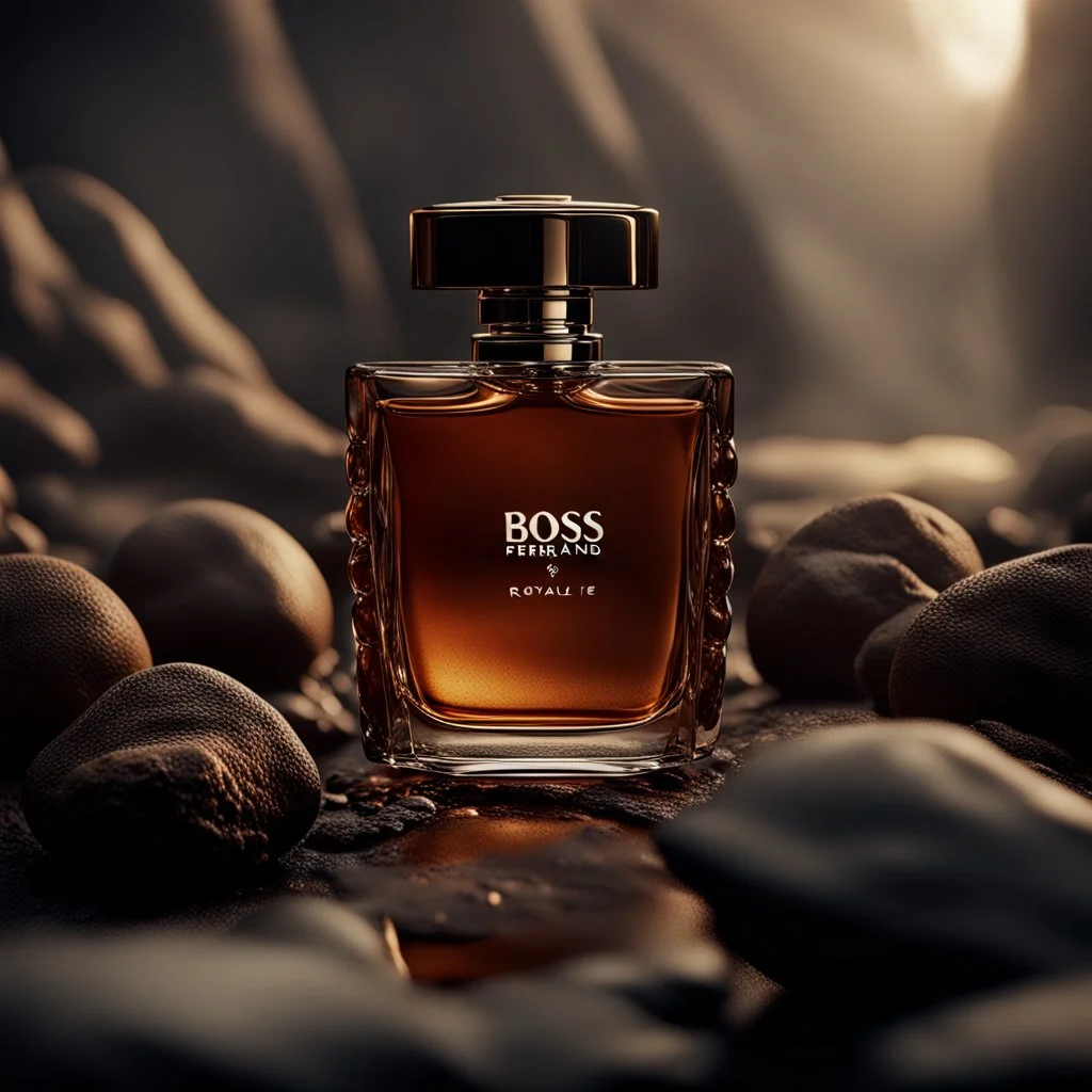 social media ad post for boss brand royal perfume .steam in the background. dramatic on rock cinematic croissant .cinematic,8k high cualitcy