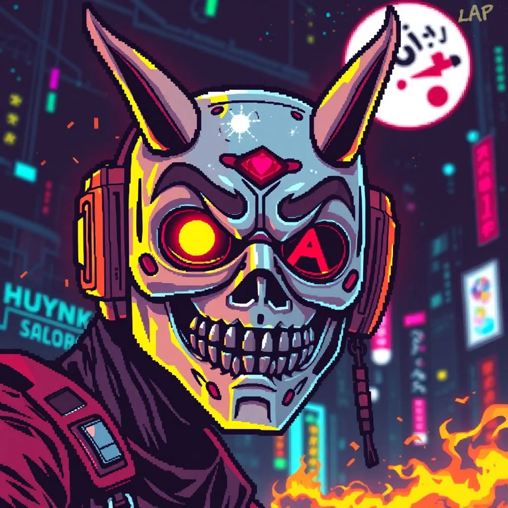 8 bit pixelart cyberpunk,Hannya-Maske, Comic style