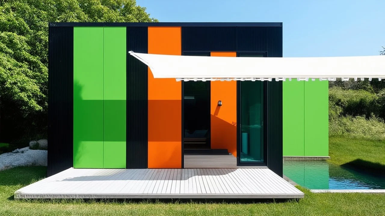 A vibrant single-family home stands out against a lush green backdrop. Its exterior is a playful patchwork of: Emerald green panels, Tangerine orange sections, Sky blue accents. Black steel beams form a striking geometric structure, framing large windows and creating an artistic, modern silhouette. Airy white fabric awnings gently billow in the breeze, softening the angular architecture. These airy elements provide shade over: A wide wooden deck. In the foreground, a natural-looking pond reflect