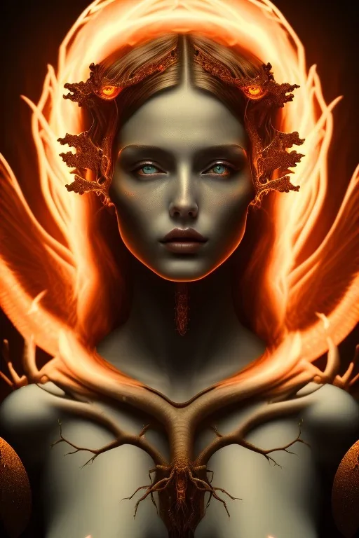 portrait photography of an ethereal beautiful animal goddess, Fire theme art, Dark moody night atmosphere, Portrait of a woman by Michelangelo, 8K, close-up face, anatomically perfect face, oak tree roots, ignore NSFW