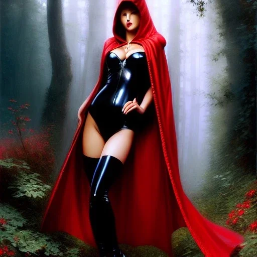 fullbody portrait 'beautiful sexy busty mature Red Riding Hood',wearing black skintight latex suit,hyperrealistic skin,Hyperrealistic Big eyes,painting by gaston bussiere, greg rutkowski, yoji shinkawa, yoshitaka amano, tsutomu nihei, donato giancola, tim hildebrandt, oil on canvas, cinematic composition,sharp image, extreme detail,((fit full head inside picture)),32k