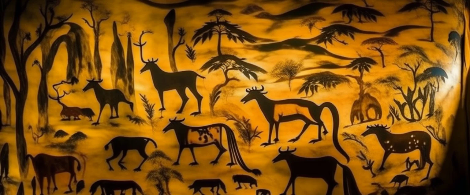 A brownish bronze dry prehistoric jungle designed in Lascaux cave paintings