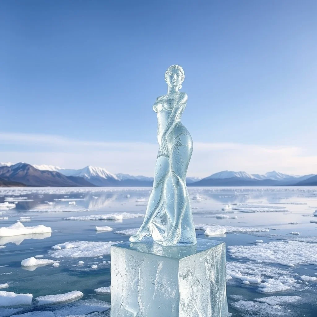 in a frozen sea with pretty mountains a full lady ice statue in artist pose standing over a ice block looking at camera, of clear glass like ice that going to melt and water drops fall from all body.