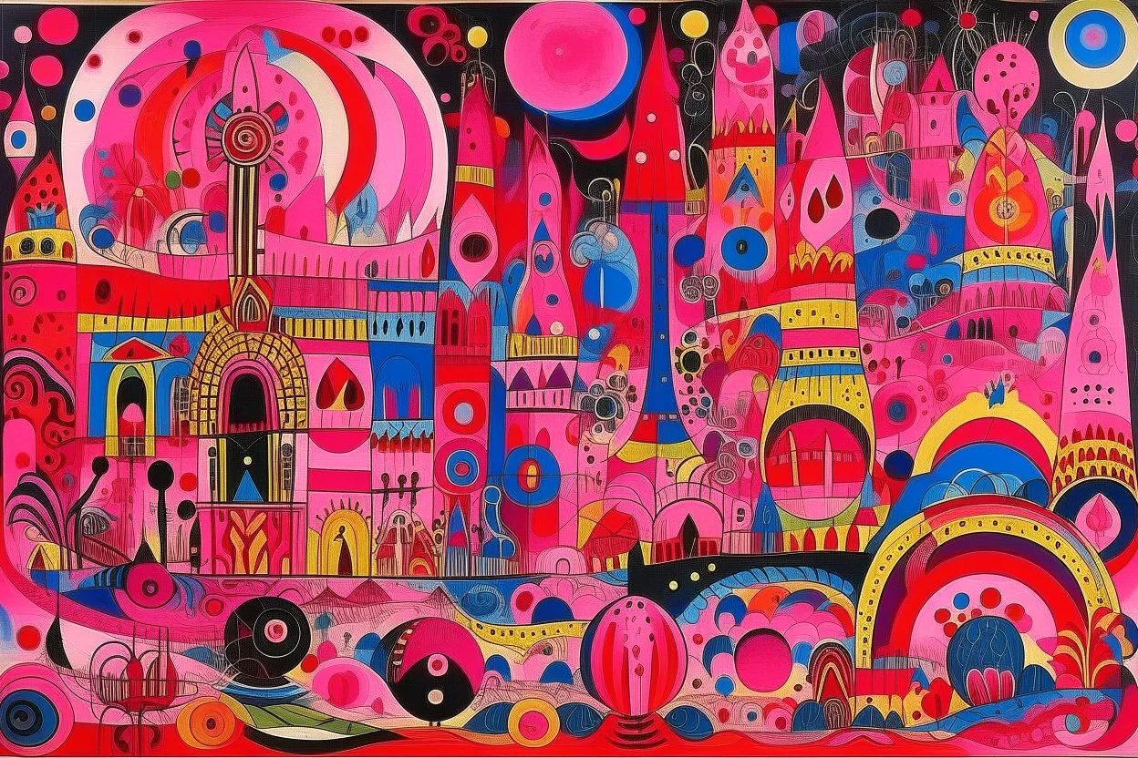 A pink magical carnival with psychic orbs designed in Kuna Molas painted by Wassily Kandinsky