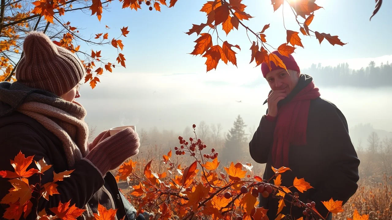 Autumn: falling leaves, Misty mornings, fog over distant fields or forests, sunshine; people wearing scarves, woolly hats, gloves, holding mugs of steaming hot drinks; chestnuts, acorns, berries, rowan, holly, mistletoe; birds migrating; squirrels gathering nuts; beautiful colours, atmospheric. Award winning photograph.