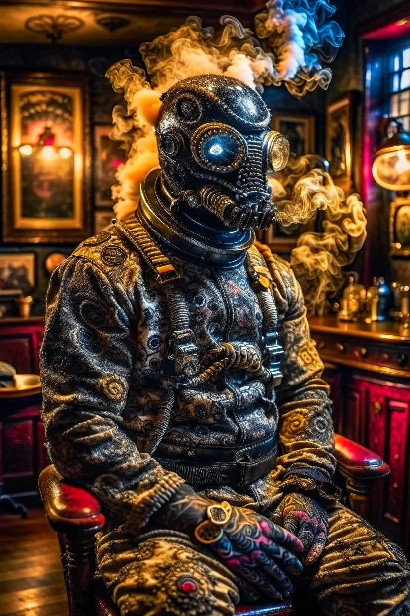 penispunk spaceman with tattoo of a human, scary tattooist in high end parlor, smoke, mist, lightrays, depth of field, photography