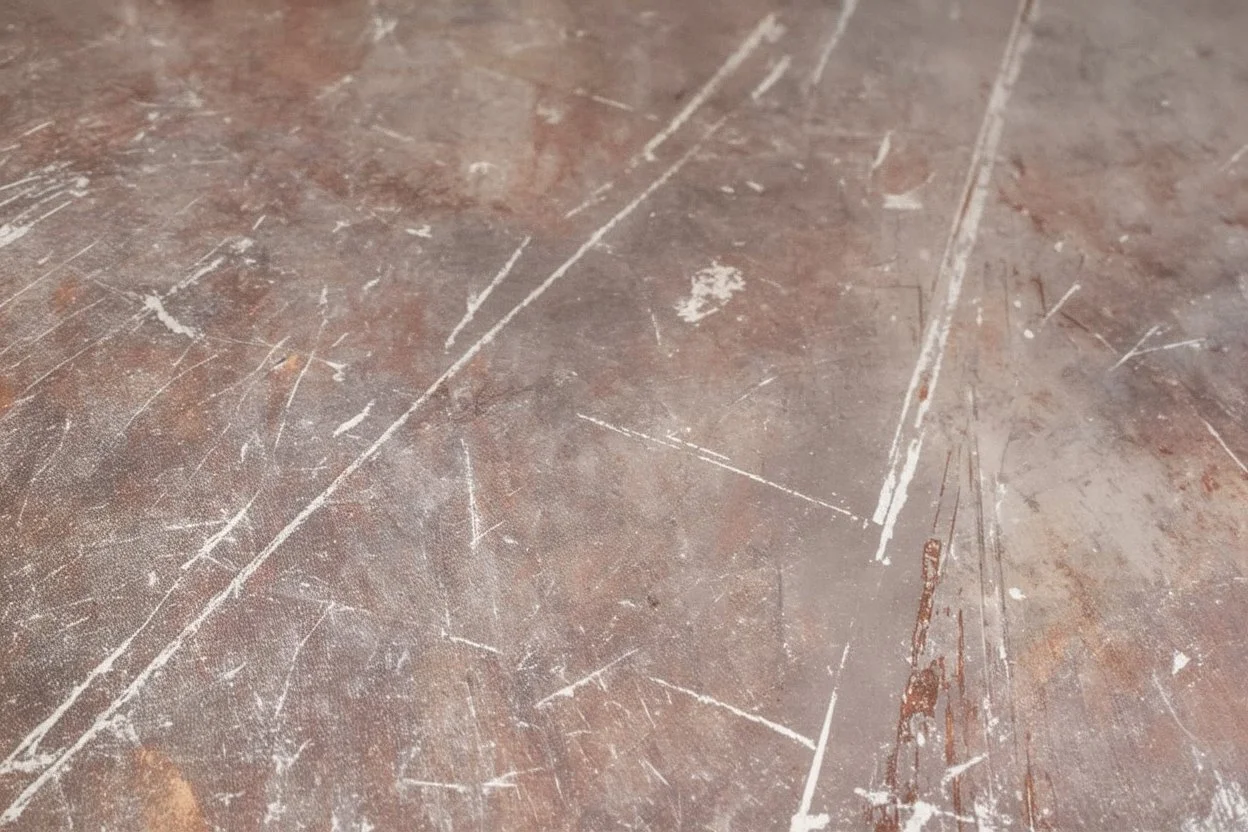 scratched garage floor, from low perspective