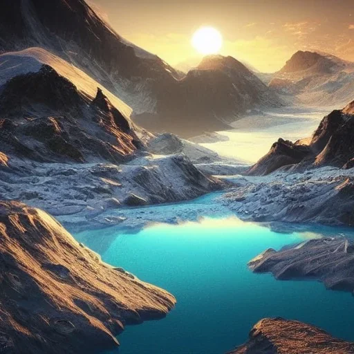 highly detailed glacial lake landscape, sunset, illustration, cinematic lighting, 4k, 8k, octane render, digital concept art, trending on artstation, pinterest, extremely detailed, ambient lighting.