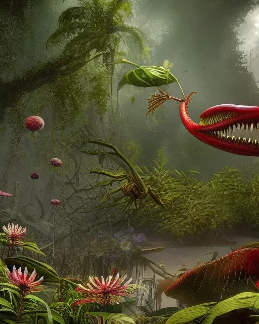 large venus fly trap with teeth eating a dragonfly, flowers, jungle, hyperrealistic, trees in background, digital art, alien like, disgusting, intricate, morbid, rainy, sinister, volumetric lighting, unreal engine, high resolution, 8k, depressing colors, dark colors, horror, horrific,