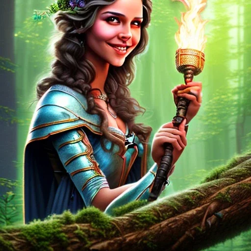 romantic fantasy spray painting, closeup of cute smiling dark bulgarian robed elven princess bride ,sitting on a branch, loosing torch in magical forest by waterfall