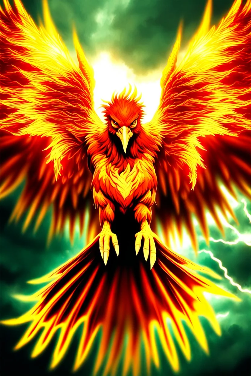 Create a ultra high definition and photorealistic image, 12k quality of a beautiful phoenix, majestic and strength showing, emphasis on texturized claws, upclose with a front view flying towards the camera, centre of an explosive and chaotic background scene of Armageddon where he is followed by demon like dark clouds in persuit trying to grab him, phoenix has striking eyes and determined look, majestic wings folded inwards in flight, bright auburn, black, white, grey and yellow colours, gothic