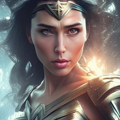 Wonder woman fighting a insect, futuristic design, rain in background, close-up face, geometric armor, female face, 3d unreal engine, black face, close up armor, church detail, lovely face