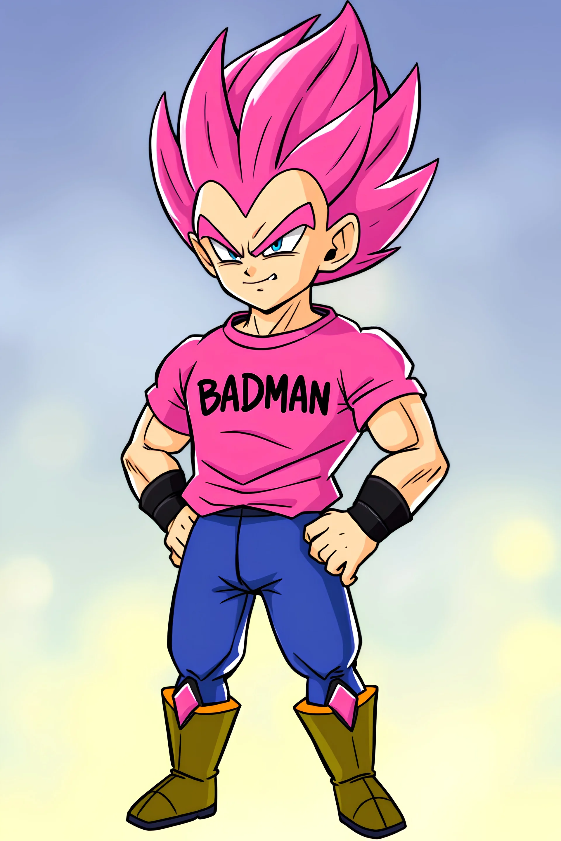 Vegeta from DBZ, 90s, wearing a Pink tshirt named "BADMAN", standing with a smirk smile