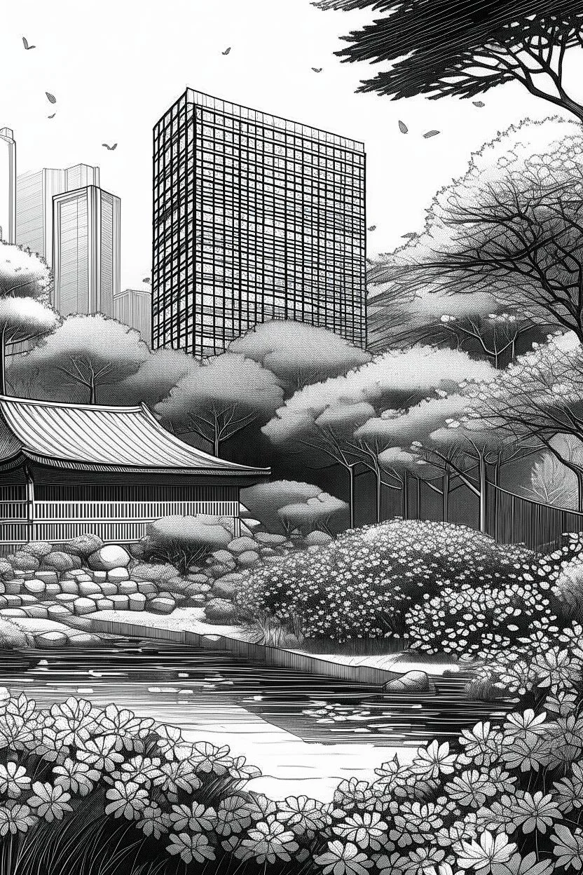 Tokyo garden in Spring abstract pencil black and white STYLE OF HIROKU OGAI